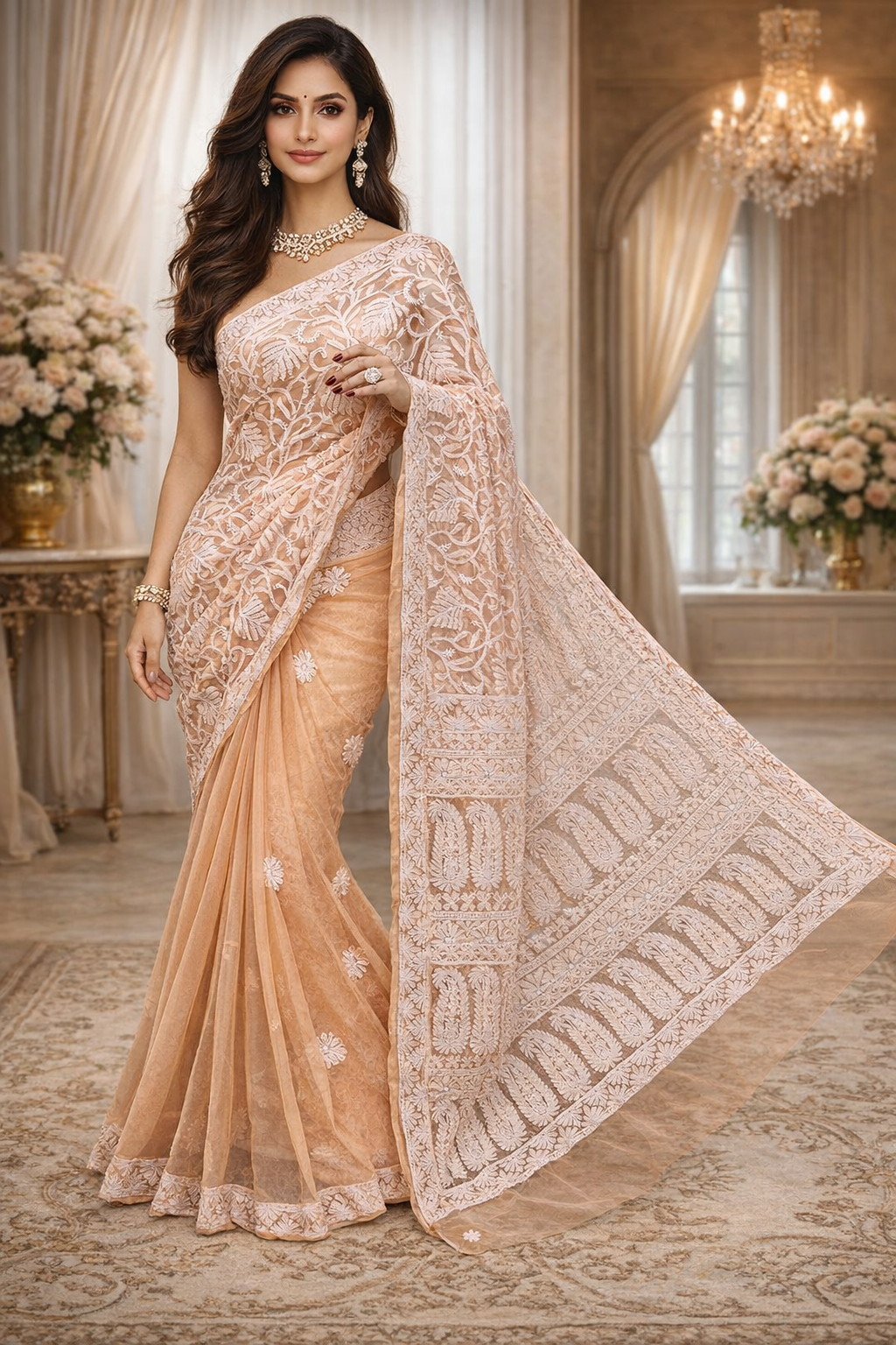 Peach Half Jaal Saree