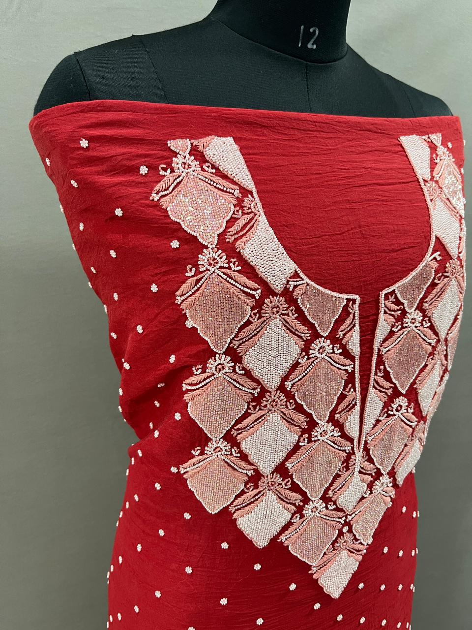 Red Mul Chanderi Unstiched Suit