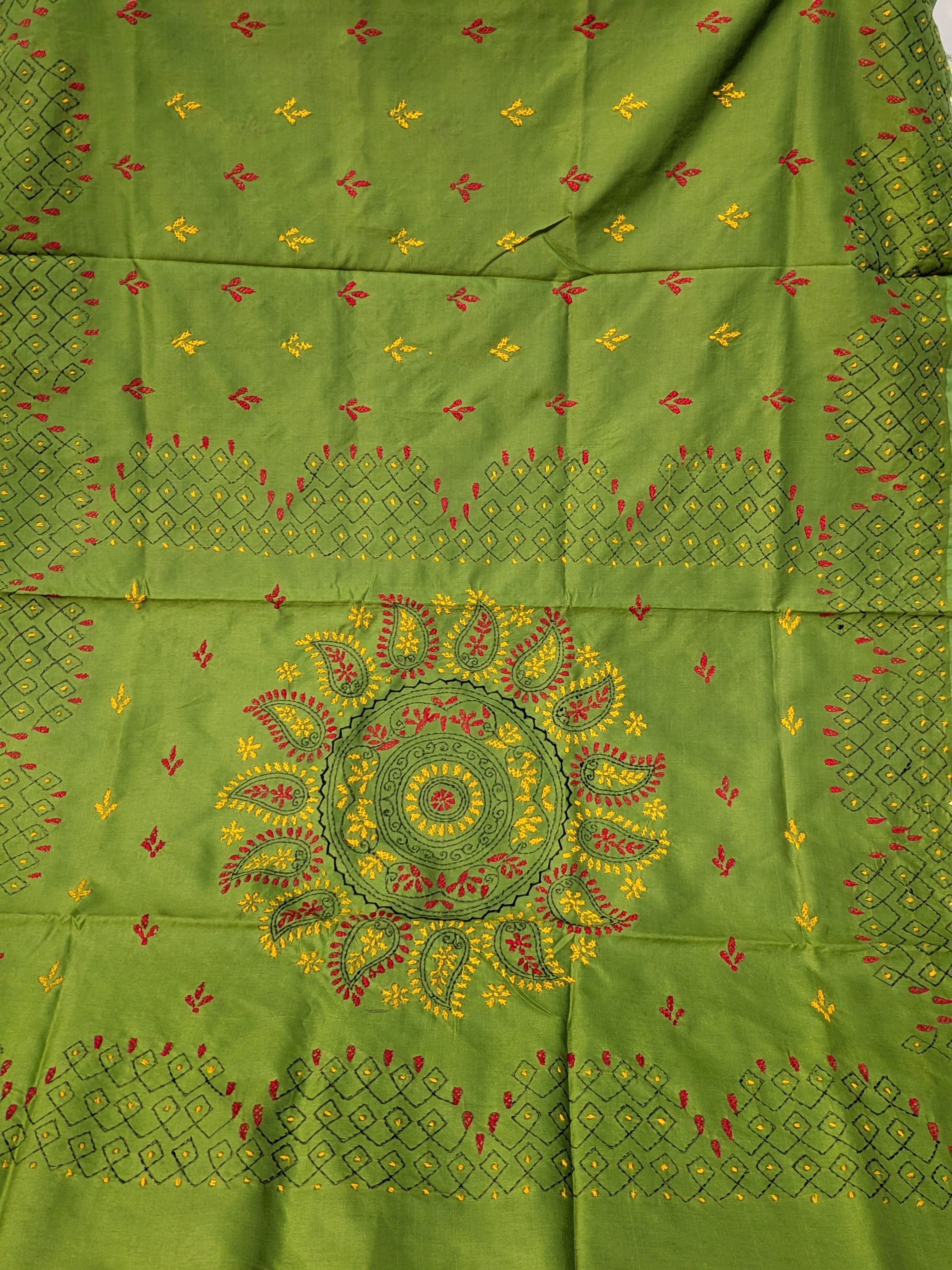 Mehndi Green Matka Kantha Saree