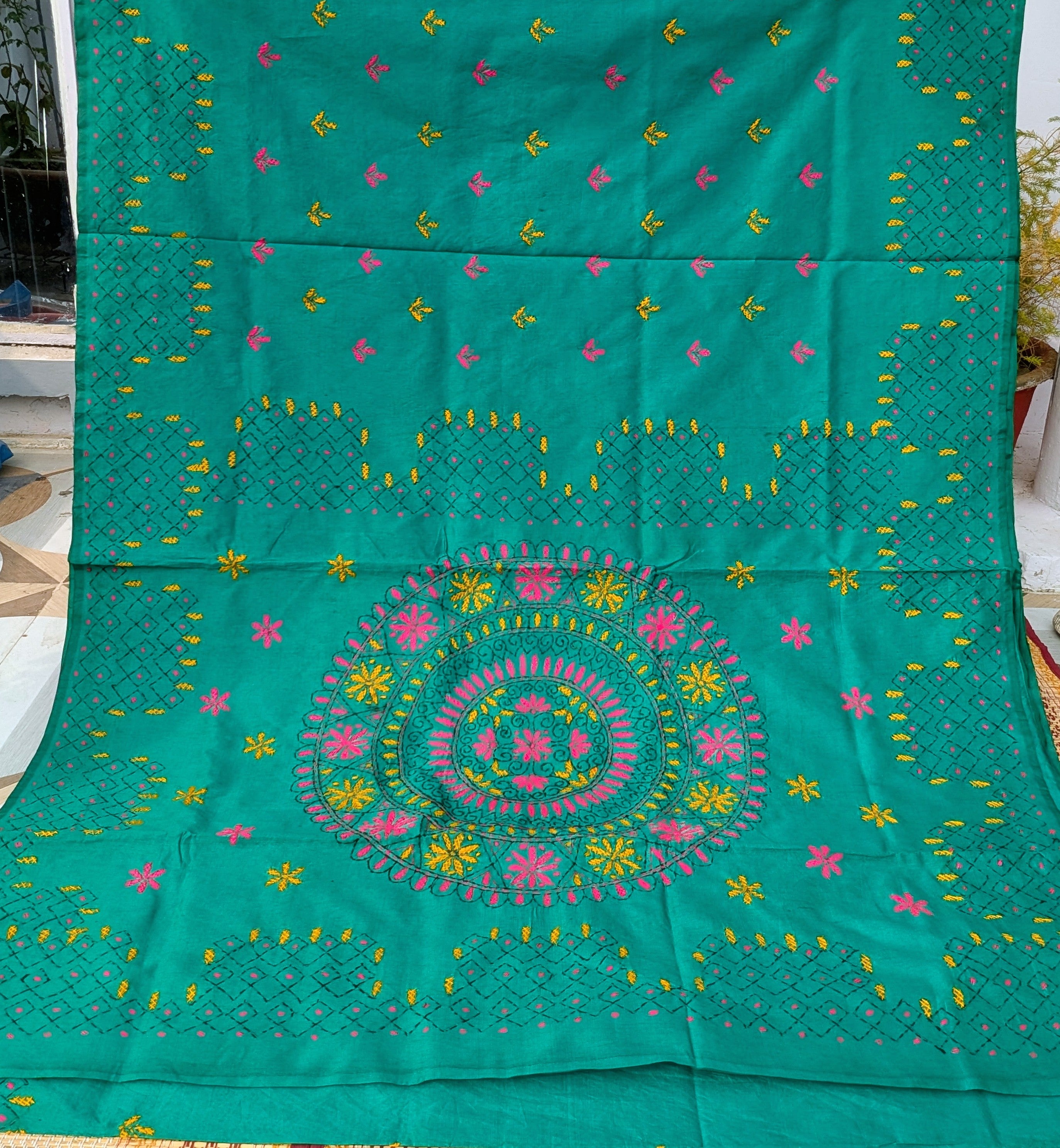 Sea Green Matka Kantha Saree
