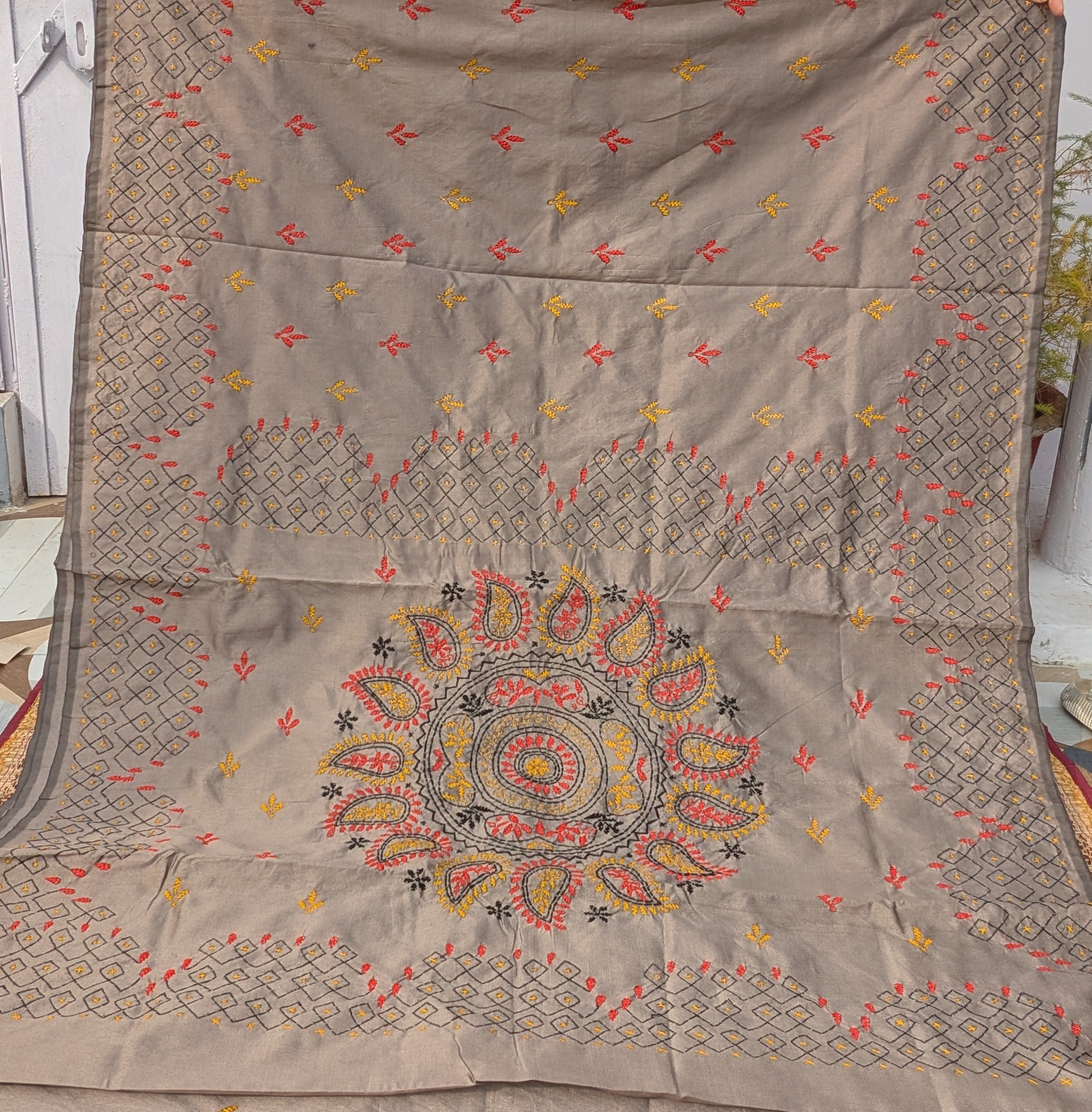 Grey Matka Kantha Saree