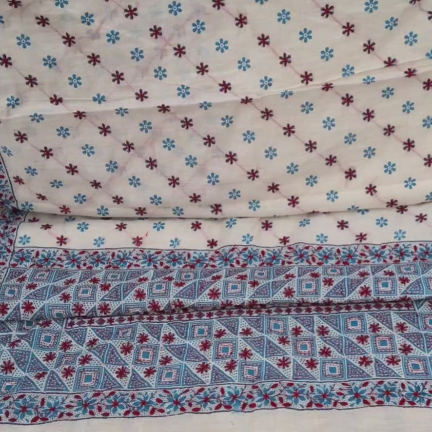 Hand block and hand embroidered kantha saree on semi tussar silk