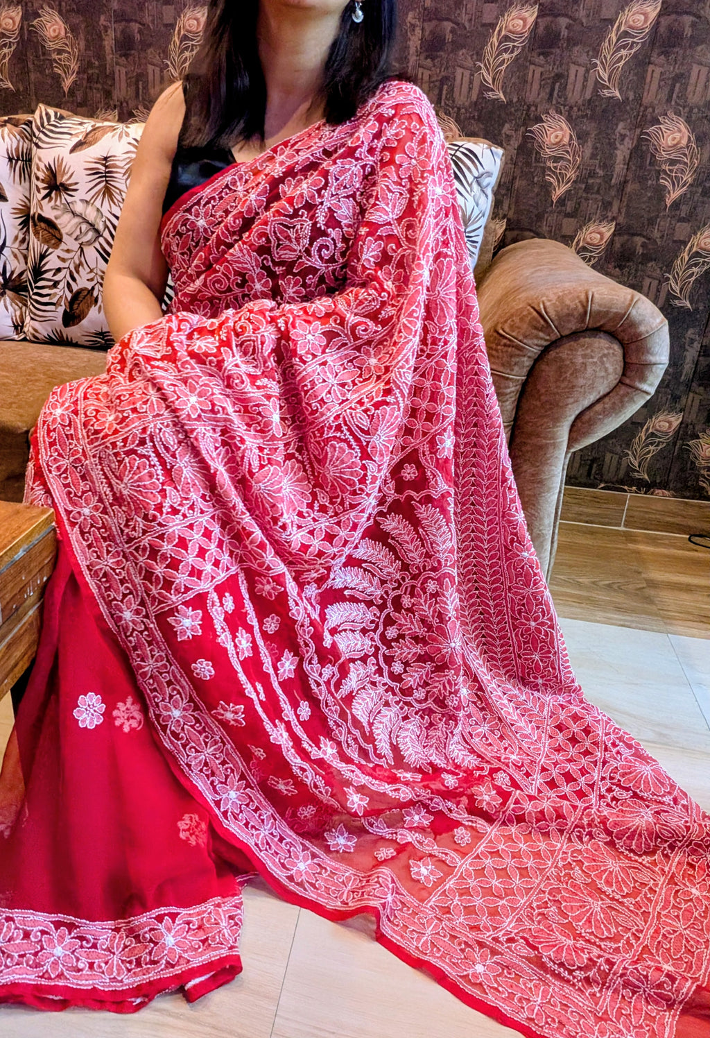 Red Half Jaal Saree