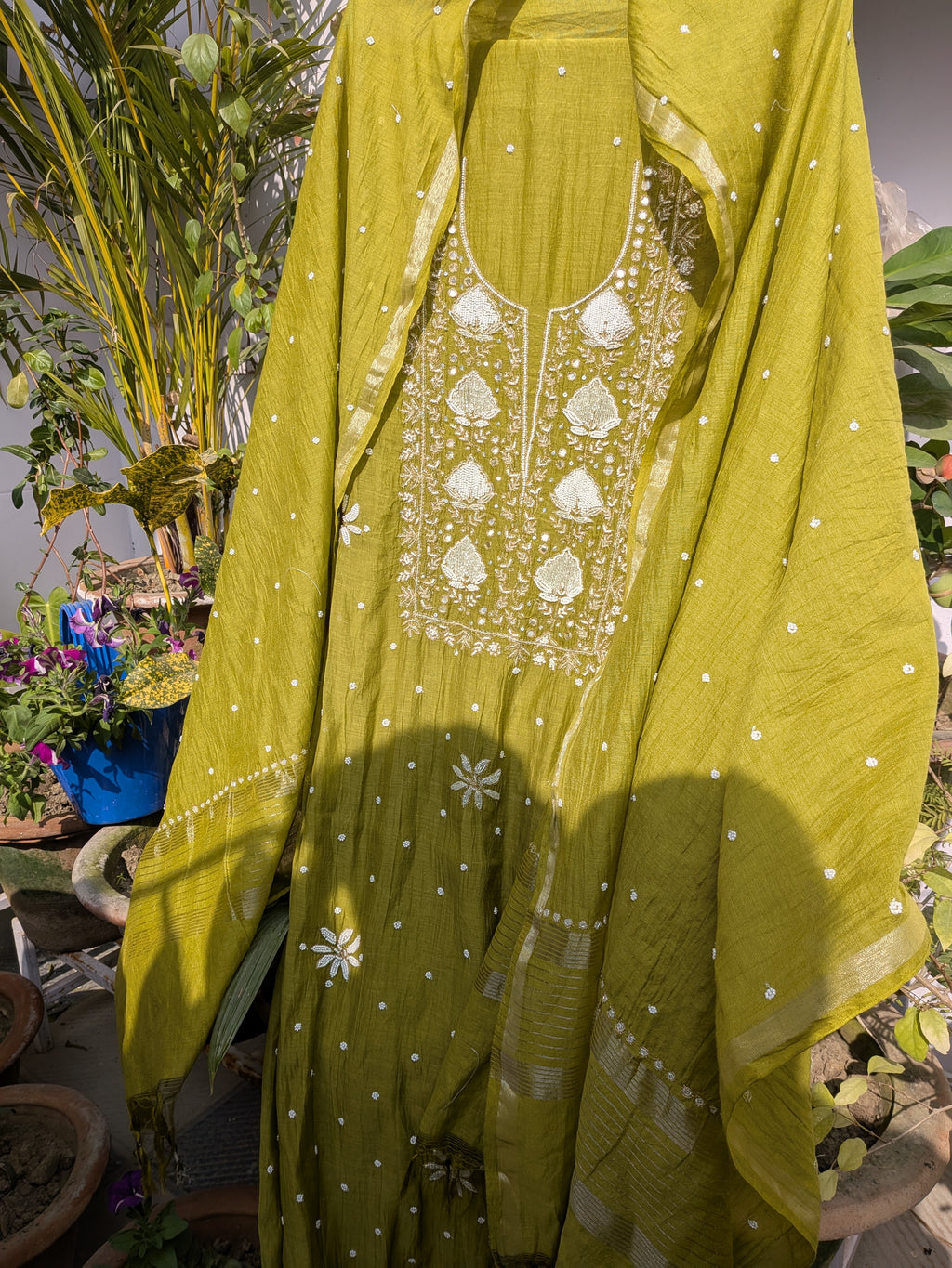 Mehndi green mul chanderi set