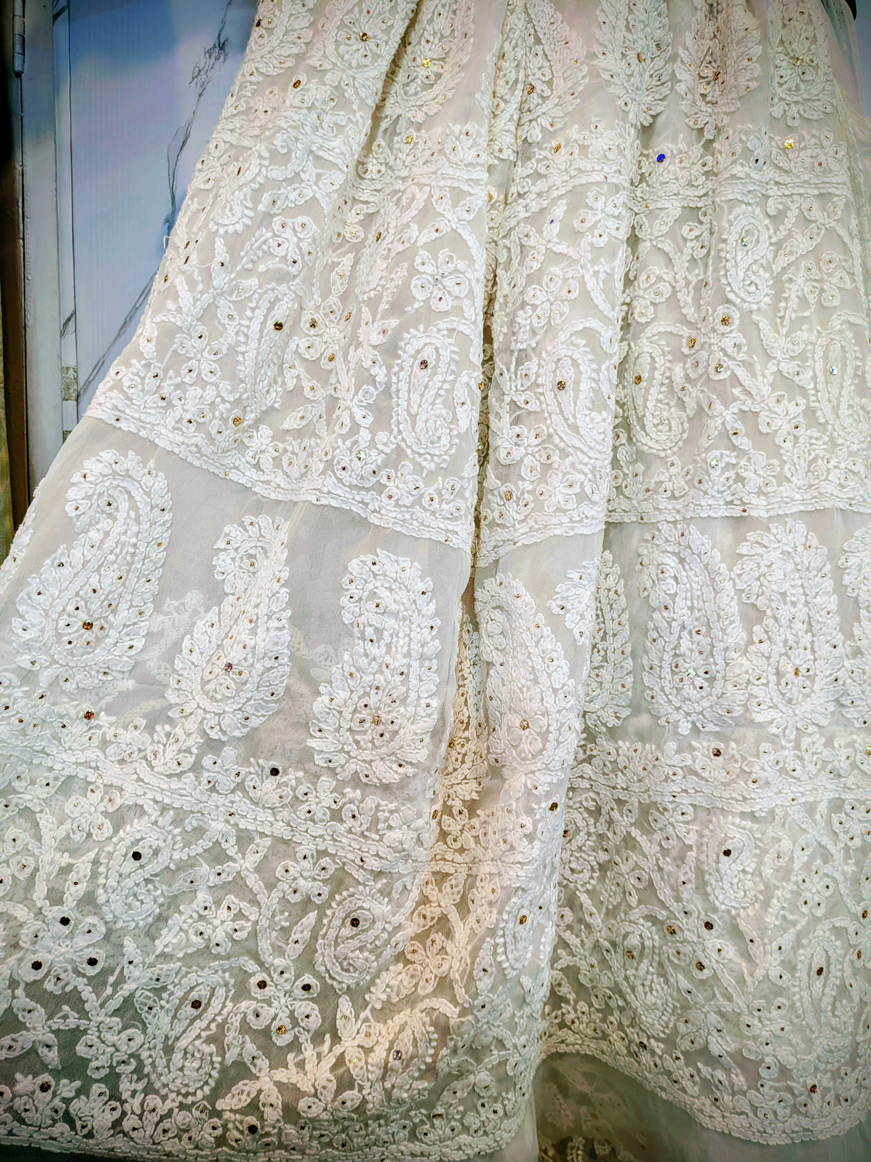 Chandni white full jaal lucknow chikan saree with mukaish work