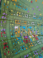 Hand stitched Kantha silk saree in green colour