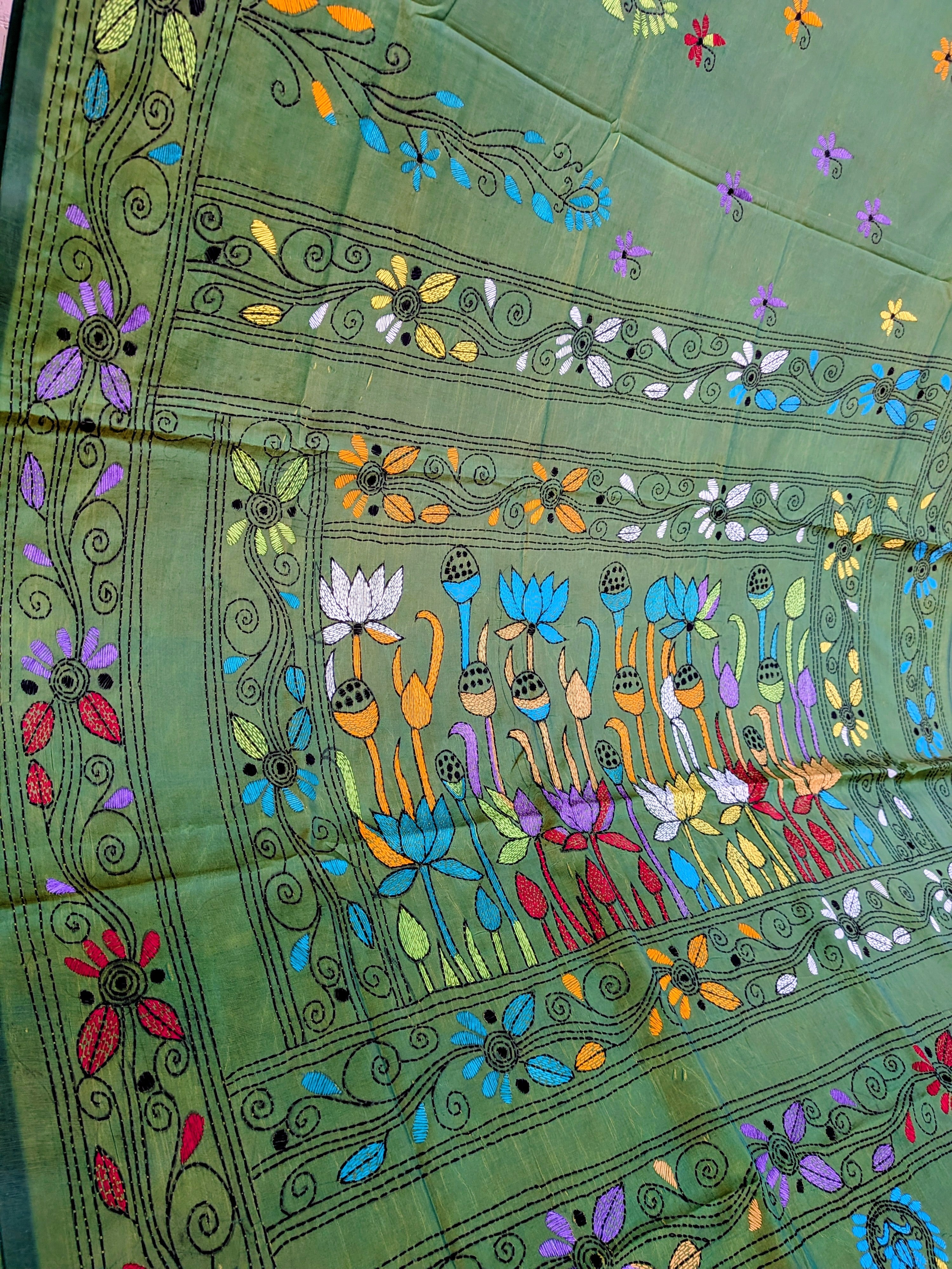 Hand stitched Kantha silk saree in green colour