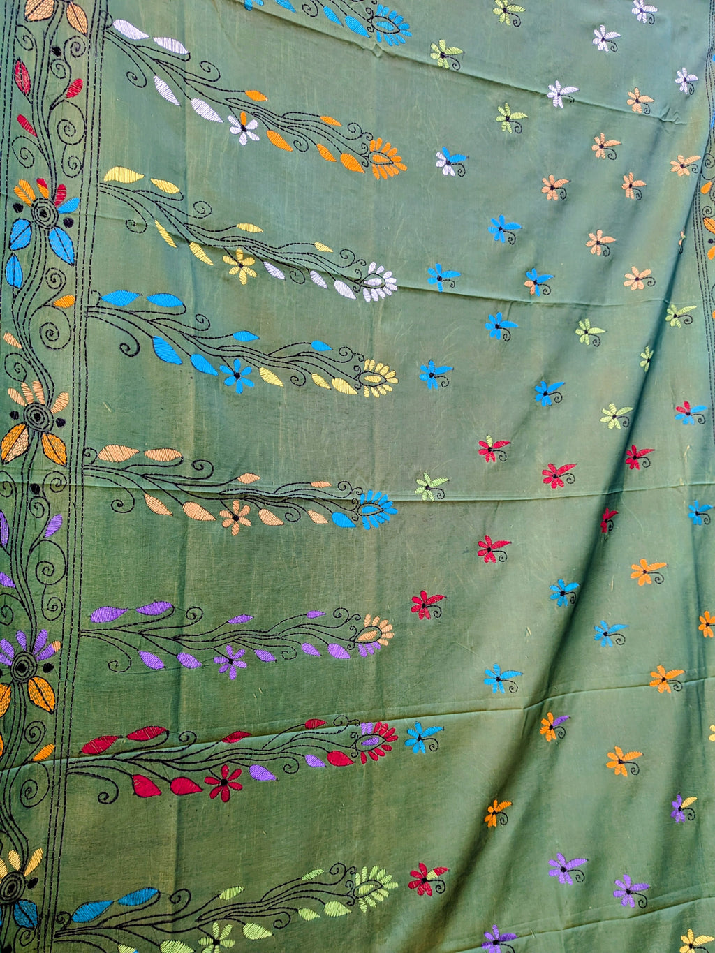 Hand stitched Kantha silk saree in green colour