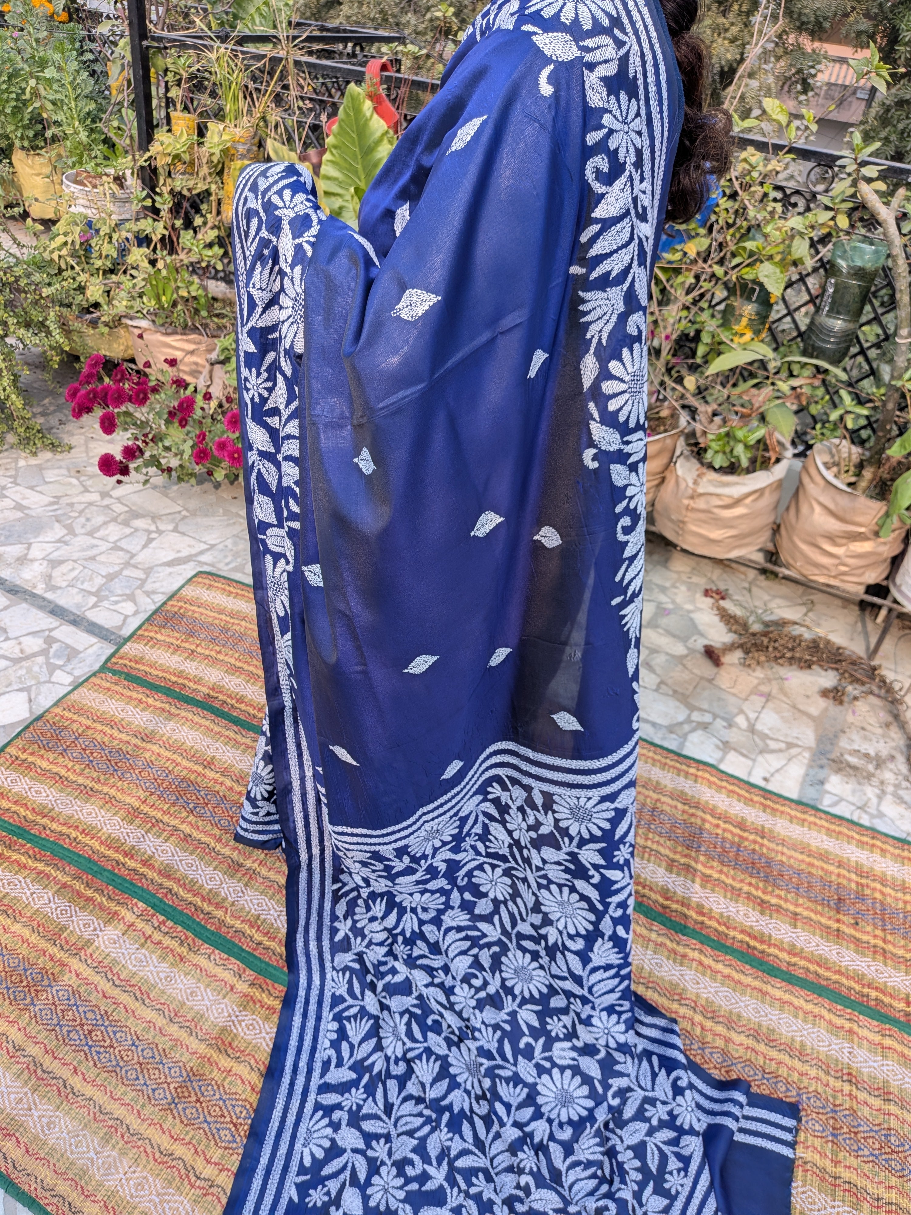 Royal blue kantha saree