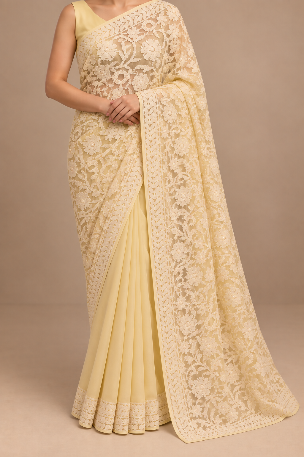 Butter yellow half jaal saree