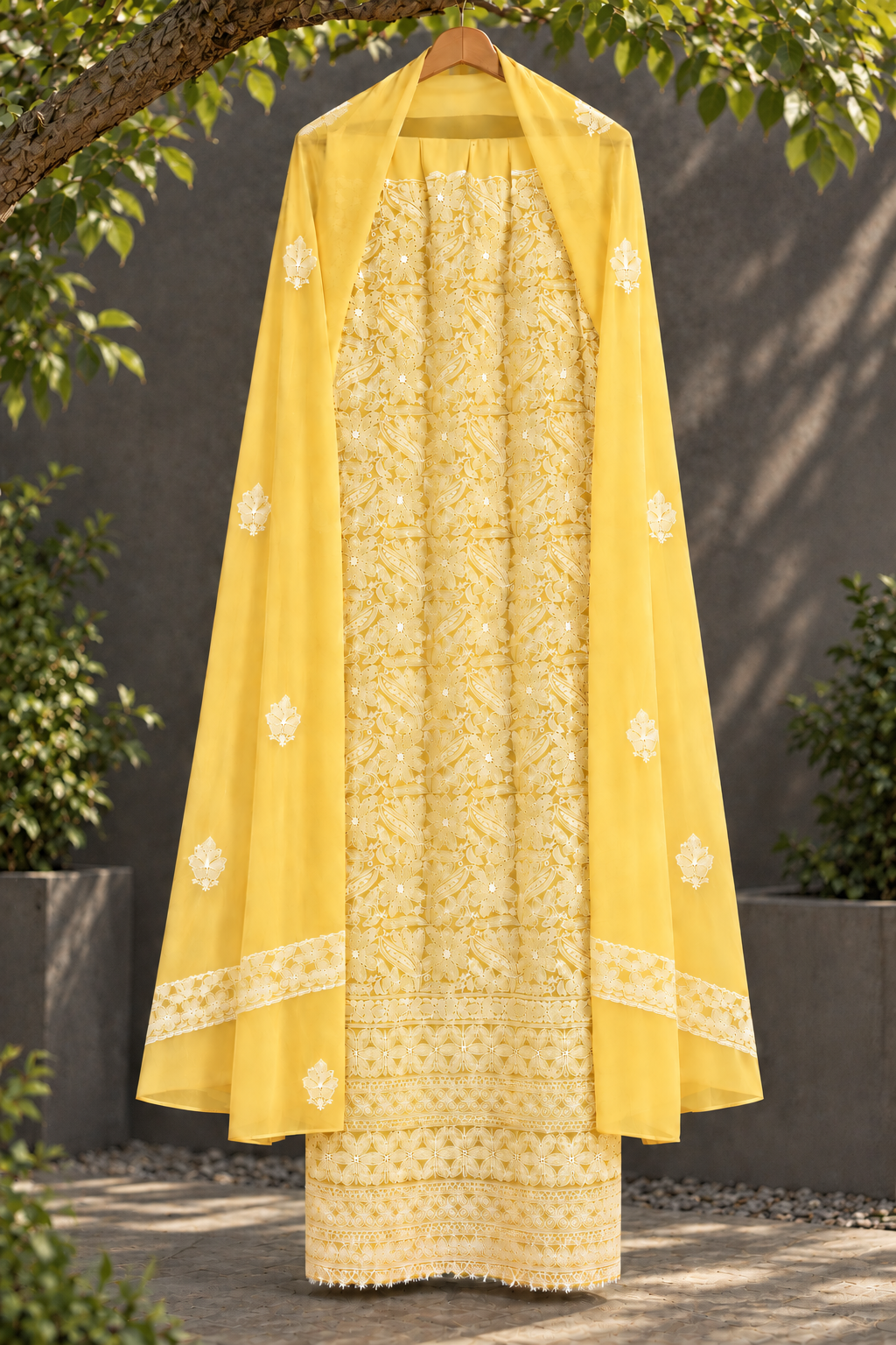 Yellow unstitched jaal suit