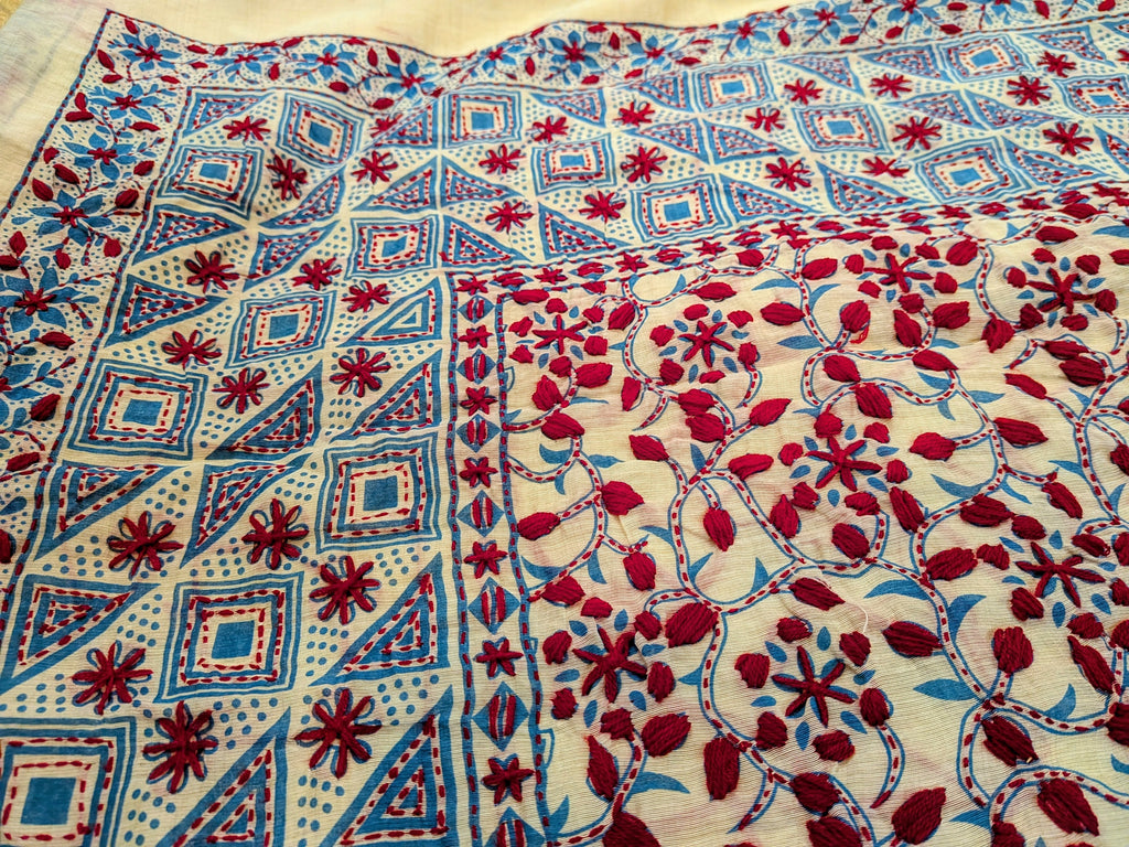 Hand block and hand embroidered kantha saree on semi tussar silk