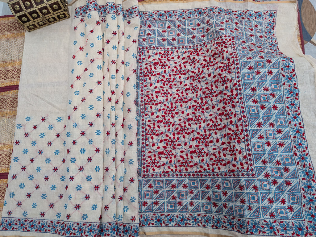 Hand block and hand embroidered kantha saree on semi tussar silk