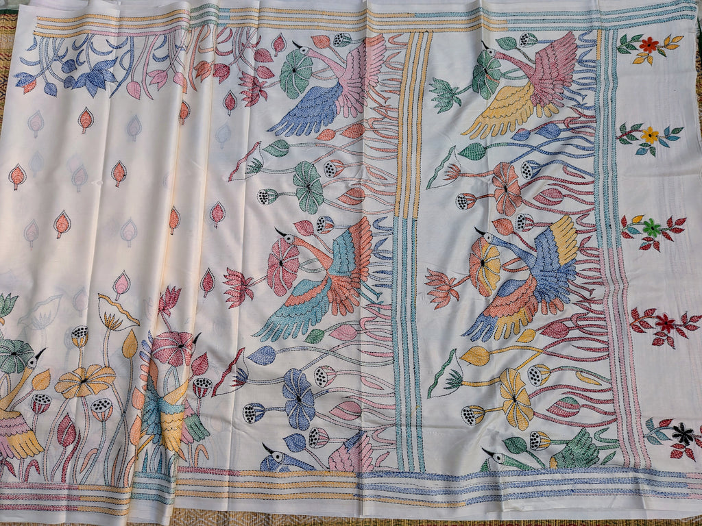 Swan Hand stitched Kantha saree