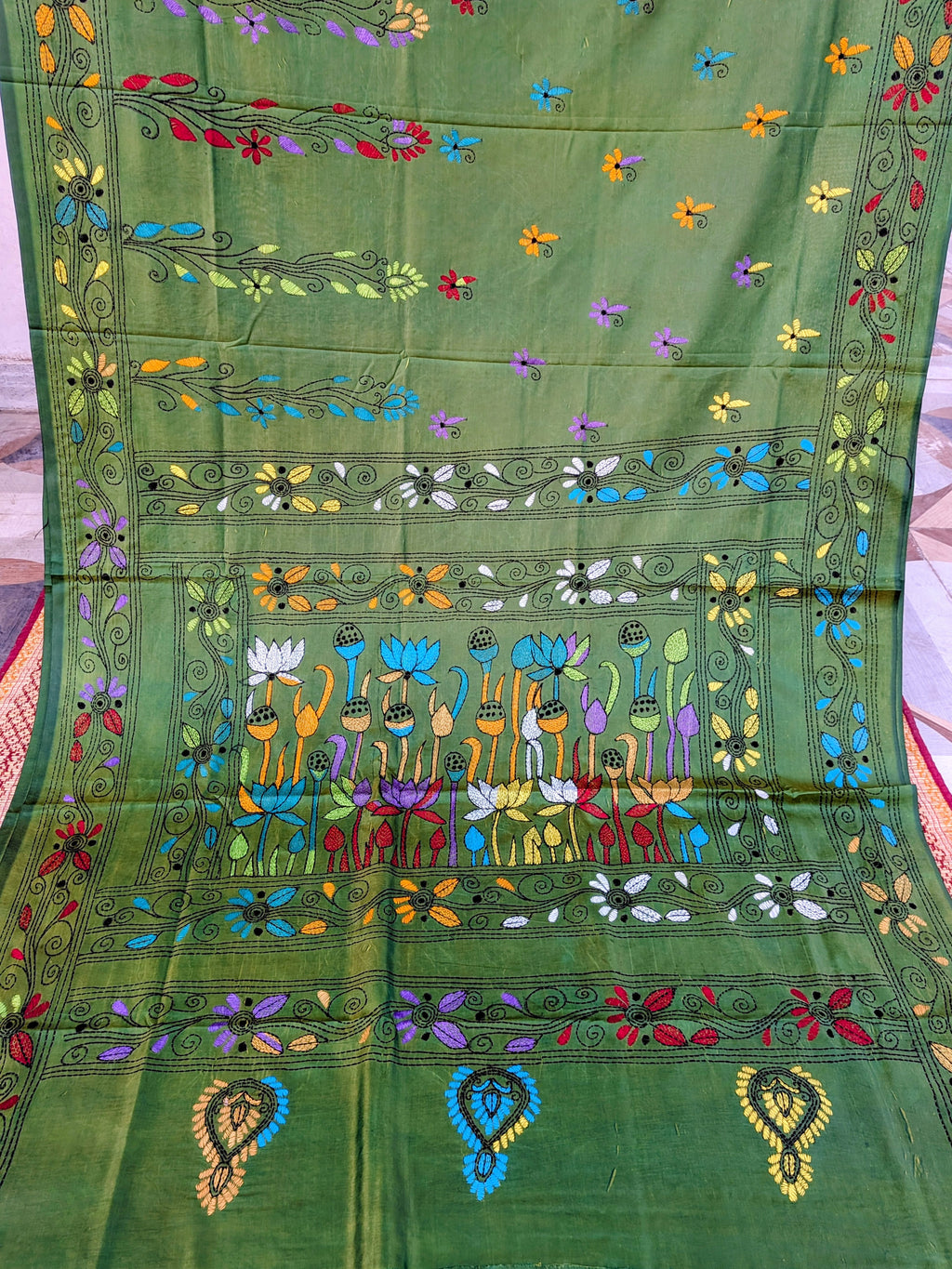 Hand stitched Kantha silk saree in green colour